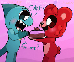 anthro blush blush_lines cake candy chocolate dessert duo ears_up female food open_mouth shark_fin shark_tail tail teeth teeth_showing text tongue tinky mob_entertainment nightmare_critters poppy_playtime smiling_critters bobby_bearhug maggie_mako_(poppy_playtime) aquatic bear critters_(poppy_playtime) fish mammal shark 6:5 hi_res url
