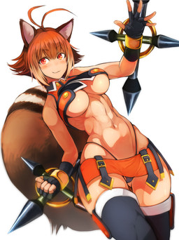 athletic athletic_female athletic_humanoid big_breasts blush bottomwear breasts brown_body brown_fur brown_hair clothed clothing club_(weapon) cross dual_wielding female fingerless_gloves fluffy fluffy_tail fur gloves hair handwear happy holding_object holding_weapon legwear looking_at_viewer melee_weapon midriff miniskirt navel red_eyes simple_background skirt solo tail tan_body tan_fur thigh_highs under_boob underwear weapon white_background nishide_kengorrow arc_system_works blazblue makoto_nanaya animal_humanoid humanoid mammal mammal_humanoid rodent rodent_humanoid sciurid sciurid_humanoid tree_squirrel_humanoid 2016 digital_media_(artwork) hi_res