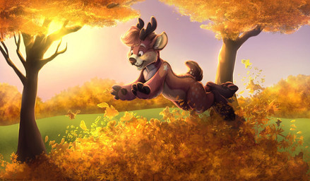 4_fingers anthro antlers autumn biped brown_body brown_fur brown_hair cloven_hooves day fingers fur grass hair hooved_fingers hooves horn inner_ear_fluff jumping leaf looking_down male open_mouth open_smile outside plant raised_tail short_hair short_tail sky smile solo sun tail tree tuft curiodraco deer mammal 2014