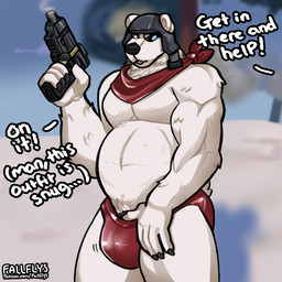 anthro armor barazoku big_bulge biped blurred_background bulge claws clothed clothed_anthro clothed_male clothing day detailed_background dialogue finger_claws fingers front_view fur gun handgun headgear helmet holding_gun holding_object holding_ranged_weapon holding_weapon humanoid_hands kerchief male musclegut muscular muscular_anthro muscular_male navel outside pistol ranged_weapon red_clothing red_kerchief red_speedo red_swimwear skimpy smoke smoking_gun solo speedo standing swimwear talking_to_viewer text weapon white_body white_fur fallflys epic_games fortnite polar_patroller bear mammal polar_bear ursine 1:1 2023 artist_name colored english_text hi_res portrait shaded three-quarter_portrait url