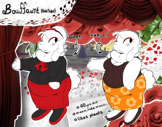 ahoge anthro bottomwear clothing curtains extended_arm female hair hat headgear headwear leaf photo_background pronouns skirt solo standing stated_age text white_body white_hair twigsyy charlotte_bouffant lagomorph leporid mammal rabbit character_name english_text hi_res model_sheet photography_(artwork)
