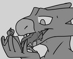 5:4 abelisaurid ankylosaurian ankylosaurid ankylosaurus anthro bodily_fluids carnotaurus crater_(dromaeo-tsar) digital_media_(artwork) dinosaur dromaeo duo erection female genitals hi_res horn kyla_(dromaeo-tsar) macro male male/female monochrome nude open_mouth ornithischian oversized_fellatio oversized_oral penis penis_on_tongue reptile scalie simple_background size_difference smile theropod thyreophoran tongue