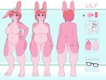 anthro belly big_belly blue_eyes breasts eyelashes eyewear featureless_breasts featureless_crotch female front_view fur glasses glistening glistening_eyes hair hand_on_hip looking_at_viewer nude overweight overweight_anthro overweight_female pink_body pink_fur rear_view red_hair solo standing text wide_hips bunnykisses lily_(bunnykisses) lagomorph leporid mammal rabbit 4:3 absurd_res english_text hi_res model_sheet