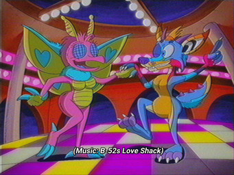 3_toes antennae_(anatomy) anthro breasts claws compound_eyes dance_floor dancing duo fangs featureless_breasts feet female heart_symbol horn insect_wings male neck_tuft one_eye_closed open_mouth spiked_tail spikes spikes_(anatomy) style_emulation tail teeth text toe_claws toes tongue toony tuft vhs_filter wings rockosedits pop_dog zincknife arthropod canid canine canis domestic_dog insect lepidopteran mammal moth 2026 english_text