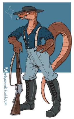 anthro boots bottomwear brown_body brown_scales cigarette cigarette_in_mouth cigarette_smoke clothing cowboy cowboy_boots cowboy_hat cowboy_outfit footwear gun hand_on_gun hand_on_hip hand_on_ranged_weapon harness hat headgear headwear leaning_on_gun leaning_on_object long_tail looking_back male object_in_mouth pants ranged_weapon red_eyes reptile_tail rifle scales shirt shoes smile smoke smoking smoking_cigarette solo tail teeth teeth_showing topwear weapon wearing_hat mawkvlt reptile scalie hi_res