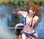 american_flag american_flag_bikini anthro bikini blue_eyes boat breasts clothed clothing colored_nails detailed_background female flag flag_bikini flag_clothing flag_print flag_swimwear fur hair lake looking_at_viewer nails pigtails print_bikini print_clothing print_swimwear sarong smile solo swimwear thick_thighs two-piece_swimsuit united_states_of_america vehicle water watercraft wide_hips androidz celest_(androidz) domestic_cat felid feline felis mammal hi_res