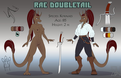 anthro breasts clothed clothing equis_universe female genitals melee_weapon muscular muscular_anthro muscular_female nipples outline paws rae_doubletail solo sword text underwear vulva weapon sunny_way ki'rinaes digital_media_(artwork) english_text model_sheet