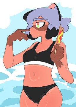 anthro beach bikini black_bikini black_clothing black_swimwear blue_hair breasts brown_body cleavage clothed clothing corndog day facial_markings female food gloves_(marking) hair head_markings holding_food holding_object markings mask_(marking) navel outside small_breasts solo standing suntan swimwear tan_line two-piece_swimsuit water oddity27 brand_new_animal studio_trigger michiru_kagemori canid canine mammal raccoon_dog tanuki 2026 digital_media_(artwork) hi_res portrait three-quarter_portrait