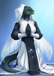 anthro black_body black_scales blue_background brown_eyes brown_sclera clothing eyebrows female green_body green_scales hand_holding kneeling multicolored_body multicolored_scales nun_outfit praying pupils scales simple_background slit_pupils solo tail dunoruno everquest olonia iksar lizard reptile scalie 2022 absurd_res hi_res