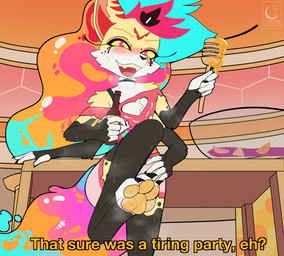 4_arms alcohol anthro beer beverage blush blush_lines bodily_fluids chest_tuft choker claws clothing crop_top eyelashes feet female food food_fetish foot_fetish foot_focus freckled_face freckles furniture holding_object honey_(food) jewelry lamp lava_lamp long_eyelashes looking_at_viewer multi_arm multi_limb musk musk_cloud necklace pawpads raising_leg shirt smelly solo sweat table topwear tuft alexander_moonflower hellaverse helluva_boss mythology queen_bee-lzebub_(helluva_boss) canid canid_demon canine demon fox hellhound mammal mythological_canine mythological_creature absurd_res hi_res