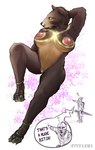 anthro big_breasts blush breasts brown_body brown_fur clothing dialogue female footwear footwear_only fur fur_markings genitals glowing glowing_chest glowing_eyes high_heels macro markings micro mostly_nude nude pussy sandals sandals_only shoes size_difference solo speech_bubble tan_body tan_fur text thick_thighs yellow_eyes band1tnsfw elden_ring fromsoftware wojak bear mammal runebear_(elden_ring) absurd_res digital_drawing_(artwork) digital_media_(artwork) english_text full-length_portrait hi_res portrait