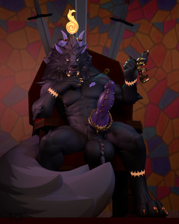 animal_genitalia animal_penis anthro ball_tuft balls bedroom_eyes black_body black_fur black_sclera canine_genitalia canine_penis chair crown fire fireball fluffy fluffy_tail fur furniture genitals grin headgear horn knot looking_at_viewer male melee_weapon muscular muscular_anthro muscular_male narrowed_eyes penis seductive sitting smile solo stained_glass sword tail tattoo throne tiara_on_penis tiara_only tuft weapon phrostbite leodamodeler_(modeler) mythology zarn_ador canid canid_demon canine demon hellhound mammal mythological_canine mythological_creature 3d_(artwork) absurd_res digital_media_(artwork) hi_res
