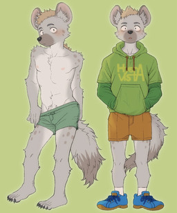 anthro areola blush bottomwear clothing footwear fur hair hoodie male pubes shoes shorts shy sneakers socks solo tail topwear underwear hanpei_tor hyena mammal spotted_hyena 2025 hi_res