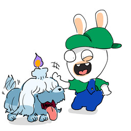 ambiguous_feral ambiguous_gender anthro backwards_hat black_eyes black_nose blue_body blue_clothing blue_fur blue_overalls blue_tail buckteeth button_(fastener) candle clothed clothed_anthro clothed_male clothing duo feral fire floppy_ears fully_clothed fully_clothed_anthro fully_clothed_male fur green_clothing green_hat green_headwear green_shirt green_topwear hair hair_over_eyes happy hat headgear headpat headwear larger_anthro larger_male lidded_eyes lit_candle long_ears looking_at_another lop_ears male male_anthro mitten_hands motion_lines multicolored_body noseless open_mouth open_smile overalls pink_tongue quadruped shirt short_legs simple_background size_difference smaller_ambiguous smaller_feral smile smiling_at_another standing tail tail_motion tailwag tan_body tan_inner_ear tan_skin teeth tongue tongue_out topwear two_tone_body white_body white_fur osirisky mario_bros mario_plus_rabbids_kingdom_battle nintendo pokemon raving_rabbids rayman_(series) ubisoft rabbid_luigi generation_9_pokemon greavard lagomorph mammal pokemon_(species) rabbid 1:1 2022 cel_shading colored crossover digital_drawing_(artwork) digital_media_(artwork) japanese_description shaded