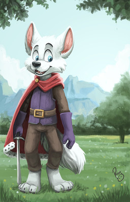anthro black_nose blue_eyes blue_sky bottomwear brown_bottomwear brown_clothing brown_pants brown_topwear cape cheek_tuft clothed clothing facial_tuft front_view fur glistening glistening_eyes gloves handwear head_tuft holding_melee_weapon holding_object holding_sword holding_weapon looking_at_viewer male male_anthro melee_weapon open_mouth open_smile outside pants purple_clothing purple_topwear red_cape red_clothing red_tongue sky smile solo standing sword tongue topwear tuft weapon whiskers white_body white_fur young young_anthro young_male pandapaco canid canine mammal full-length_portrait hi_res portrait