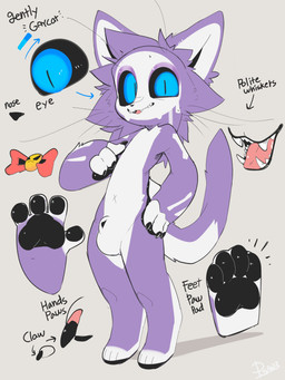 anthro balls black_sclera blue_eyes claws fangs flaccid fur fur_markings genitals hair male markings multicolored_body multicolored_fur open_mouth pawpads paws penis purple_body purple_fur simple_background solo teeth text tongue two_tone_body two_tone_fur white_body white_fur presto_(artist) presto_(character) domestic_cat felid feline felis mammal 3:4 absurd_res colored english_text hi_res model_sheet