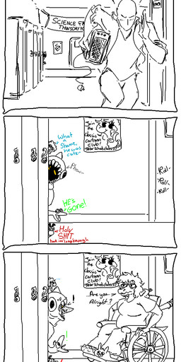 anthro bald blue_text blush clothing costume dialogue duo_in_panel faceless_character faceless_human faceless_male female footwear green_text group hair hand_puppet hoodie inside locker looking_at_another male pink_blush poster red_text running shoes sitting slippers snout solo_focus solo_in_panel text topwear vehicle wheelchair yellow_eyes faustanon cavemanon_studios goodbye_volcano_high i_wani_hug_that_gator ko_op_(game_developer) puppet_pals snoot_game anon_(snoot_game) fang_(gvh) judee olivia_halford reed_(gvh) trish_(gvh) baryonyx ceratopsian ceratopsid chasmosaurine dinosaur dromaeosaurid human mammal marginocephalian ornithischian prehistoric_species pterosaur reptile saurischian scalie spinosaurid theropod triceratops velociraptor comic english_text hi_res monochrome spot_color