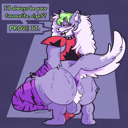 animal_genitalia animal_penis anthro anus backsack balls bodily_fluids butt canine_genitalia canine_penis collar crouching ears_up fluffy fur genitals gynomorph highlights_(coloring) intersex lipstick makeup penis piercing smile solo sweat tail teeth teeth_showing goblynn five_nights_at_freddy's five_nights_at_freddy's:_security_breach scottgames steel_wool_studios roxanne_wolf canid canine canis mammal wolf hi_res