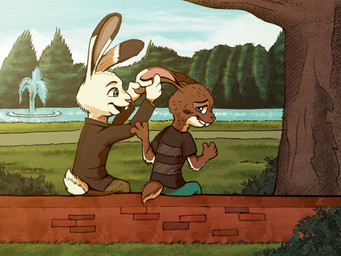 anthro duo ear_play embarrassed fountain grass male plant sitting tree wall_(structure) sendraxmon jake_thumpings hare lagomorph leporid mammal rabbit 4:3