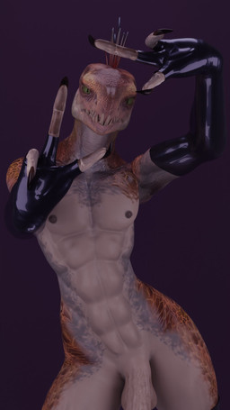 3_fingers abs anthro armwear athletic athletic_anthro athletic_male balls claws clothing elbow_gloves finger_claws fingerless_gloves fingers flaccid genitals gesture gloves hand_gesture handwear humanoid_genitalia humanoid_penis latex latex_armwear latex_clothing latex_elbow_gloves latex_gloves latex_handwear latex_legwear latex_stockings latex_thigh_highs legwear looking_at_viewer male mostly_nude muscular muscular_anthro muscular_male nipples non-mammal_nipples penis pupils quill_hair scales sharp_teeth simple_background slit_pupils solo standing stockings tan_body tan_scales teeth thigh_highs v_sign yellow_eyes churledbovine pickle_juice_(modeler) halo_(series) microsoft xbox_game_studios alien ibie'shan kig-yar reptile scalie 3d_(artwork) 9:16 colored digital_media_(artwork) hi_res