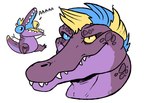 anthro blonde_hair blue_hair glistening glistening_eyes hair male multicolored_hair narrowed_eyes open_mouth purple_body purple_scales scales simple_background sitting solo teeth tongue two_tone_hair white_background yellow_tongue imperatorcaesar volteer_(binturongboy) crocodilian reptile scalie