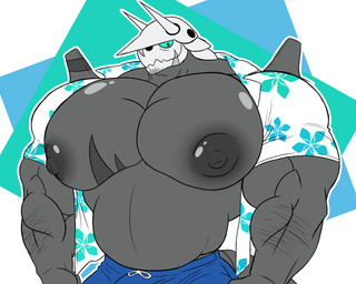 aloha_shirt beard belly biceps big_muscles big_pecs blue_bottomwear blue_clothing blue_eyes blue_pants body_hair bottomwear breath clothing facial_hair flower grey_body grey_skin huge_pecs male muscular muscular_male nipples panting pants pattern_clothing pattern_shirt pattern_topwear pecs plant scar shirt solo topwear mike_dramon_(artist) nintendo pokemon zenith_(aggron) aggron generation_3_pokemon humanoid pokemon_(species) 5:4 absurd_res hi_res