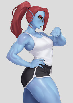 blue_body blue_skin bottomwear breasts clothing collarbone eyebrows eyelashes female frill_(anatomy) glistening glistening_thighs hair hand_on_hip medium_breasts muscular muscular_female muscular_thighs ponytail pupils red_hair shirt shorts slit_pupils solo tank_top thick_thighs topwear meruzis undertale_(series) undyne animal_humanoid aquatic aquatic_humanoid fish fish_humanoid humanoid 2025 absurd_res hi_res