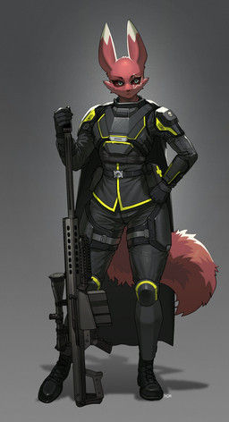 5_fingers anthro anti_material_rifle armor barrett_m82 biped bottomwear cape clothed clothed_anthro clothed_male clothing fingers footwear front_view fully_clothed fully_clothed_anthro fully_clothed_male fur gloves gun handwear looking_aside male ranged_weapon red_body red_fur red_tail shoes simple_background solo standing tail topwear weapon pgm300 helldivers canid canine mammal 2025 absurd_res digital_media_(artwork) hi_res