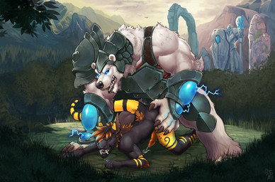 all_fours anal anal_penetration animal_genitalia anthro armlet armor biceps big_muscles black_hair black_nose blonde_hair blue_eyes bodily_fluids claws cum cum_while_penetrated cumshot detailed_background doggystyle duo ejaculation electricity erection eyes_closed fangs from_behind_position fur genital_fluids genitals glowing glowing_eyes grass hair hand_on_butt hands-free headgear helmet kneeling larger_male male male/male male_penetrated male_penetrating male_penetrating_male markings mountain muscular muscular_arms muscular_male nude open_mouth orgasm outside penetration penis plant pose precum sex sharp_teeth shield shrub size_difference sky smaller_male smaller_penetrated sparks standing teeth tree white_body white_fur badcoyote league_of_legends ratchet_lomu riot_games tencent ratchet_zufreur volibear avian bear bird felid mammal polar_bear prehistoric_species saber-toothed_tiger thel ursine 2017