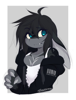 5_fingers anthro black_hair blue_eyes breasts claws cleavage clothed clothing female fingers hair hoodie jacket non-mammal_breasts shirt solo text text_on_clothing text_on_hoodie text_on_topwear topwear conditional_dnp teranen hono_(teranen) aquatic fish shark 2020 bust_portrait portrait
