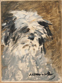 ambiguous_gender black_body black_fur covered_eyes floppy_ears fluffy fur mouth_closed multicolored_body painterly simple_background snout solo textured_background two_tone_body white_body white_fur edouard_manet public_domain canid canine canis domestic_dog mammal 1879 19th_century absurd_res ancient_art hi_res oil_painting_(artwork) painting_(artwork) traditional_media_(artwork) traditional_painting_(artwork)