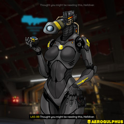 anthro armor blurred_background breasts dialogue_box electronics featureless_breasts featureless_crotch female grey_body gun hand_on_hip head_cannon holding_object hologram machine markings metallic_body non-mammal_breasts pauldron ranged_weapon skull_(marking) small_breasts solo text weapon wire aerogulphus helldivers animate_inanimate living_gun living_ranged_weapon living_weapon robot artist_name english_text