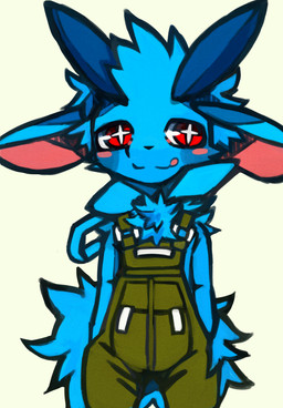 ambiguous_gender anthro blue_body blue_fur blush chest_tuft clothing diamond_eyes fluffy fluffy_tail fur green_clothing green_overalls hand_in_pocket kemono overalls overalls_only pockets red_eyes simple_background solo tail tan_background tongue tongue_out tuft young dinogaize aru_(dinogaize) 2015