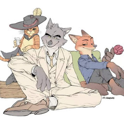 anthro barefoot belt belt_buckle beverage black_eyebrows black_tie_(suit) boots bottomwear buckle button_(fastener) cape clasp claws clothing collared_shirt container crossed_legs cup dress_shirt eyebrows feet fluffy fluffy_tail food footwear fur glass glass_container glass_cup green_eyes grey_body grey_fur grey_nose grin group half-closed_eyes happy hat_feather headgear headwear holding_beverage holding_food holding_object inner_ear_fluff legwear log long_tail looking_at_viewer loose_feather male milk narrowed_eyes necktie no_shoes orange_body orange_fur pants pillow pink_nose pointy_ears prick_ears pupils shirt shoes simple_background sitting size_difference smile smirk socks spread_legs spreading standing suit tail thick_eyebrows thigh_boots thigh_highs topwear trio tuft whiskers white_background white_pupils wood yellow_sclera qp_mellang disney dreamworks puss_in_boots_(franchise) the_bad_guys zootopia mr._wolf_(the_bad_guys) nick_wilde puss_in_boots_(dreamworks) canid canine canis domestic_cat felid feline felis fox mammal red_fox tabby_cat true_fox wolf 1:1 crossover