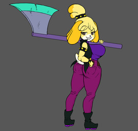 anthro axe big_breasts big_butt blonde_hair bottomwear bracelet breasts butt butt_focus clothing cosplay costume denim denim_bottomwear denim_clothing female fur hair holidays jeans jewelry melee_weapon pants sharp_teeth shortstack simple_background smile smug solo spiked_bracelet spikes teeth thick_thighs weapon yellow_body yellow_fur big_sis_(artist) animal_crossing deltarune halloween nintendo undertale_(series) isabelle_(animal_crossing) susie_(deltarune) canid canine canis domestic_dog mammal crossover hi_res unfinished