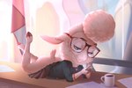 anthro beverage bottomless butt cellphone clothed clothing coffee electronics eyewear female glasses looking_down office phone raised_leg solo amarihel disney zootopia dawn_bellwether bovid caprine mammal sheep unavailable_at_source