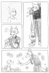 anthro blush bodily_fluids dessert duo food happy ice_cream male smile sweat drdalefox beastars jack_(beastars) legoshi_(beastars) bird_dog canid canine canis domestic_dog hunting_dog labrador mammal retriever wolf absurd_res hi_res monochrome