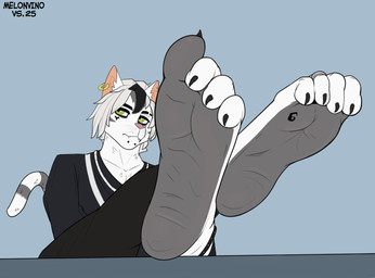 4_toes anklet anthro blush claws crossed_legs curling_toes digit_ring fangs feet foot_fetish foot_focus fur furniture green_eyes humanoid_feet jewelry male necklace paws piercing plantigrade ring solo table tail tattoo teeth toe_claws toe_ring toes white_body white_fur wrinkled_feet wrinkles melonvino zeph_(melonvino) domestic_cat felid feline felis mammal