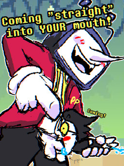 antennae_(anatomy) balls big_nose blue_cum blush bodily_fluids bottomwear clothed clothed_sex clothing colored_cum cum cum_in_mouth cum_inside cum_while_penetrated dialogue duo ejaculation electronics erection eyeless eyewear fellatio for_a_head genital_fluids genitals gesture glasses gloves hair hand_gesture handwear holding_partner low-angle_view male male/male necktie not_furry oral oral_penetration orgasm outline pants penetration penile penis pipis_(deltarune) pointing pointing_at_another screen screen_face sex sharp_teeth size_difference smile stand_and_carry_position standing standing_sex suit teeth television text three-quarter_view unusual_bodily_fluids unusual_cum unusual_genital_fluids anonymous_artist deltarune undertale_(series) spamton_g._spamton tenna_(deltarune) darkner humanoid living_puppet object_head screen_head tv_head 2025 3:4 chromatic_aberration colored digital_drawing_(artwork) digital_media_(artwork) english_text
