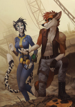 5_fingers anthro black_hair black_nose blue_eyes breasts clothed clothing detailed_background duo female fingers hair male midriff navel smile teeth orphen-sirius fallout microsoft canid canine cheetah felid feline fox mammal 2019 digital_media_(artwork) hi_res