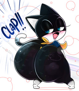 anthro ass_clapping big_butt black_body black_ears black_fur black_tail blue_clothing blue_eyes blue_shirt blue_topwear blush blush_lines bodily_fluids butt chibi clothed clothing countershading dipstick_tail eyelashes fangs femboy fur handkerchief huge_butt kerchief long_eyelashes long_tail looking_back male male_anthro markings mask multicolored_body multicolored_fur narrowed_eyes neckerchief neckwear noseless open_mouth open_smile panties pink_tongue pupils rear_view sharp_teeth shirt shortstack shortstack_male simple_background slit_pupils smile solo standing steam sweat sweatdrop sweaty_butt tail tail_markings teeth teeth_showing thick_thighs tongue topwear twerking two_tone_body two_tone_fur two_tone_tail underwear wedgie white_background white_body white_countershading white_fur white_inner_ear white_tail wide_hips yellow_clothing yellow_kerchief yellow_neckerchief yellow_panties yellow_underwear ota_(artist) atlus megami_tensei persona_(series) persona_5 sega morgana_(persona) domestic_cat felid feline felis mammal tuxedo_cat 2022 digital_media_(artwork) hi_res