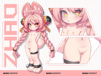 3_toes anthro areola big_ears biped blush body_blush braided_hair chest_tuft ear_piercing ear_ring eyebrow_through_hair eyebrows eyelashes feet female female_anthro flat_chested fur genitals glistening glistening_eyes glistening_genitalia glistening_vulva hair hands_behind_back inner_ear_fluff legband looking_aside navel nipples nude nude_anthro nude_female open_mouth orange_eyes piercing pink_areola pink_body pink_ears pink_eyebrows pink_fur pink_hair pink_inner_ear_fluff pink_nipples pink_tail ring_piercing solo tail text thighband toes translucent translucent_hair tuft vulva vulva_blush young young_anthro young_female katsurou mihoyo zenless_zone_zero zhao lagomorph leporid mammal rabbit thiren 2026 4:3 absurd_res digital_media_(artwork) hi_res