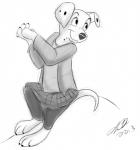 3_toes 4_fingers anthro anthrofied biped bottomwear clothed clothing eyelashes feet female fingers fur hands_together legwear simple_background sitting skirt smile solo toes white_background betsythebeaver 101_dalmatians disney penny_(101_dalmatians) canid canine canis dalmatian domestic_dog mammal 2013 greyscale monochrome signature sketch