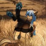 4_toes 5_fingers anthro areola blue_areola blue_eyes blue_hair blue_nipples blue_pawpads breasts clothed clothing day detailed_background feet female fingers genitals grass hair looking_at_viewer nipples outside pawpads plant pussy smile solo toes tril-mizzrim canid canine fox mammal 1:1 2019