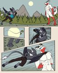 abs angry anthro clothed clothing duo featureless_crotch fight forest fur gloves grey_body grey_fur grey_wings hair handwear male plant punch standing text topless topless_male tree white_hair wings 60percentscalie dovak vauruk bat demon mammal comic english_text hi_res