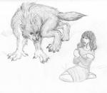 arania bottomwear canid canine canis claws clothed clothing duo female feral fur hair human male mammal monochrome mythological_canine mythological_creature mythology shocked sketch skirt tongue tongue_out were werecanid werecanine werewolf wolf