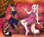 4_toes 5_fingers anthro barefoot breasts clothed clothing detailed_background digitigrade duo feet female fingers hair open_mouth pink_eyes sitting smile teeth toes tongue white_hair ketty alyxis reign_(scfiii) canid canine felid mammal 2018 digital_media_(artwork)