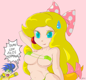 accessory anthro bikini blue_eyes bodily_fluids bossy bow_(feature) bow_accessory bow_ribbon breasts centered_hair_bow clothed clothing duo eyeshadow female furgonomics hair hair_accessory hair_bow hair_ribbon humanoid_focus jewelry long_hair makeup nipples pose ribbons smile sweat sweatdrop swimwear tail tail_accessory tail_bow tail_ribbon talking_to_male_viewer text tongue two-piece_swimsuit wide_hips zetsho dic_entertainment mario_bros nintendo the_adventures_of_super_mario_bros_3 cheatsy_koopa_(dic) koopaling kootie_pie_koopa_(dic) lady_fettuccine_alfredo larry_koopa wendy_o._koopa animal_humanoid dragon_koopa humanoid koopa mammal scalie spanish_text translated