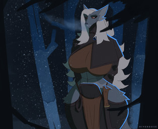 abs anthro belly big_breasts black_nose bottomwear breasts breath clothing countershade_belly countershading crop_top cropped_jacket female fur gem grey_body grey_fur hair hands_behind_back high_collar leg_tuft loincloth long_hair long_sleeves looking_down low_rise_pants melee_weapon midriff_top muscular muscular_female navel_rim orange_eyes outside pants plant pointy_ears rim_light scabbard shaggy_hair shirt snow snowing solo standing sword thick_thighs thigh_tuft topwear tree tuft weapon hiverdose solena_(hiverdose) canid canine mammal digital_media_(artwork) hi_res