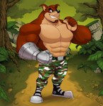 abs anthro belt biceps bottomwear clothed clothing facial_hair fur male muscular muscular_anthro muscular_male simple_background solo polartoons activision crash_bandicoot_(series) crunch_bandicoot bandicoot mammal marsupial absurd_res digital_media_(artwork) hi_res